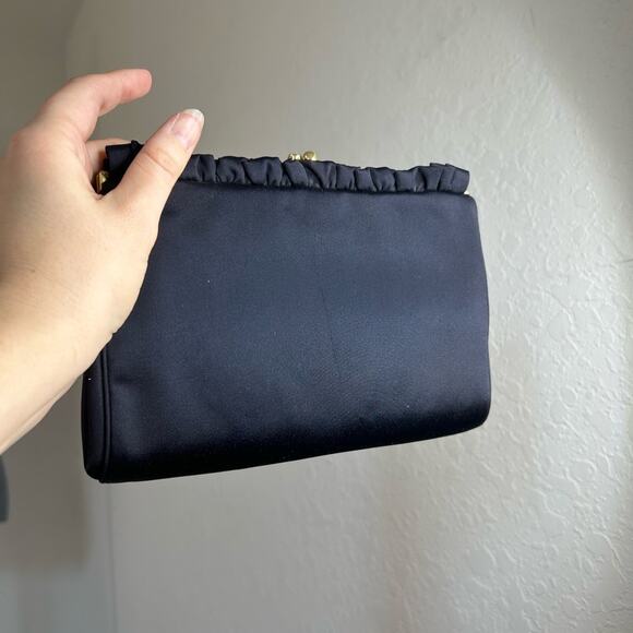 MM Satin- purse mirror coin purse- dark purple black- gold chain- ruffle-vintage - Picture 3 of 12